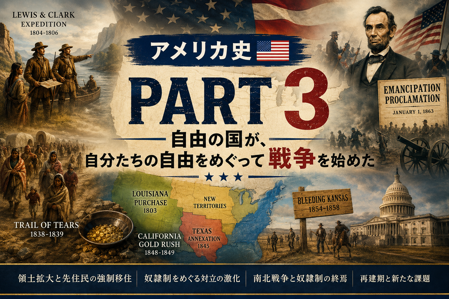 アメリカ史Part 3のFeatured image。Lewis and Clark Expedition、Trail of Tears、Texas併合、California Gold Rush、Bleeding Kansas、Civil War、Lincoln、Emancipation Proclamationを描いた歴史コラージュ。