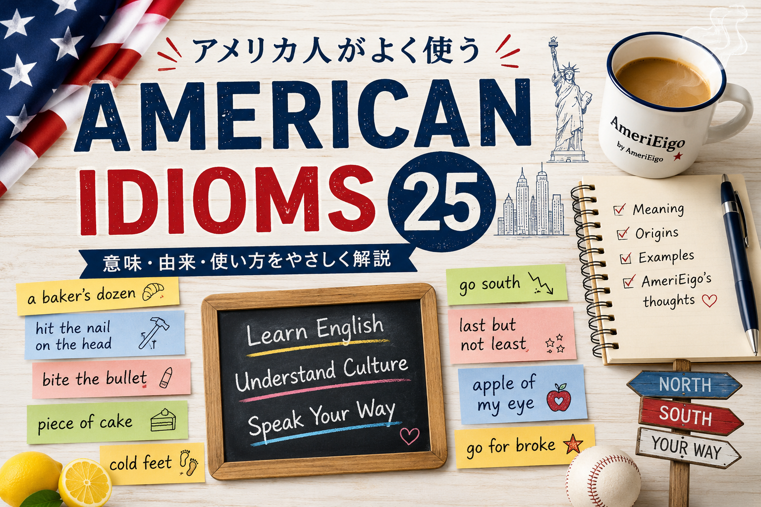 アメリカ英語のイディオム25選を紹介するAmeriEigoの記事画像。American Idioms 25の文字と、英語表現を書いた付箋、アメリカ国旗、コーヒーカップなどが並んでいる。