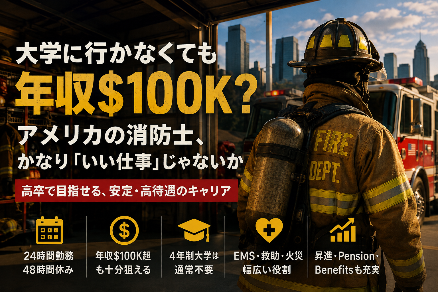 アメリカの消防署で消防車の前に立つFirefighter。大学4年制Degree不要、24時間勤務、年収$100K超も狙えるCareerを紹介するFeatured Image。