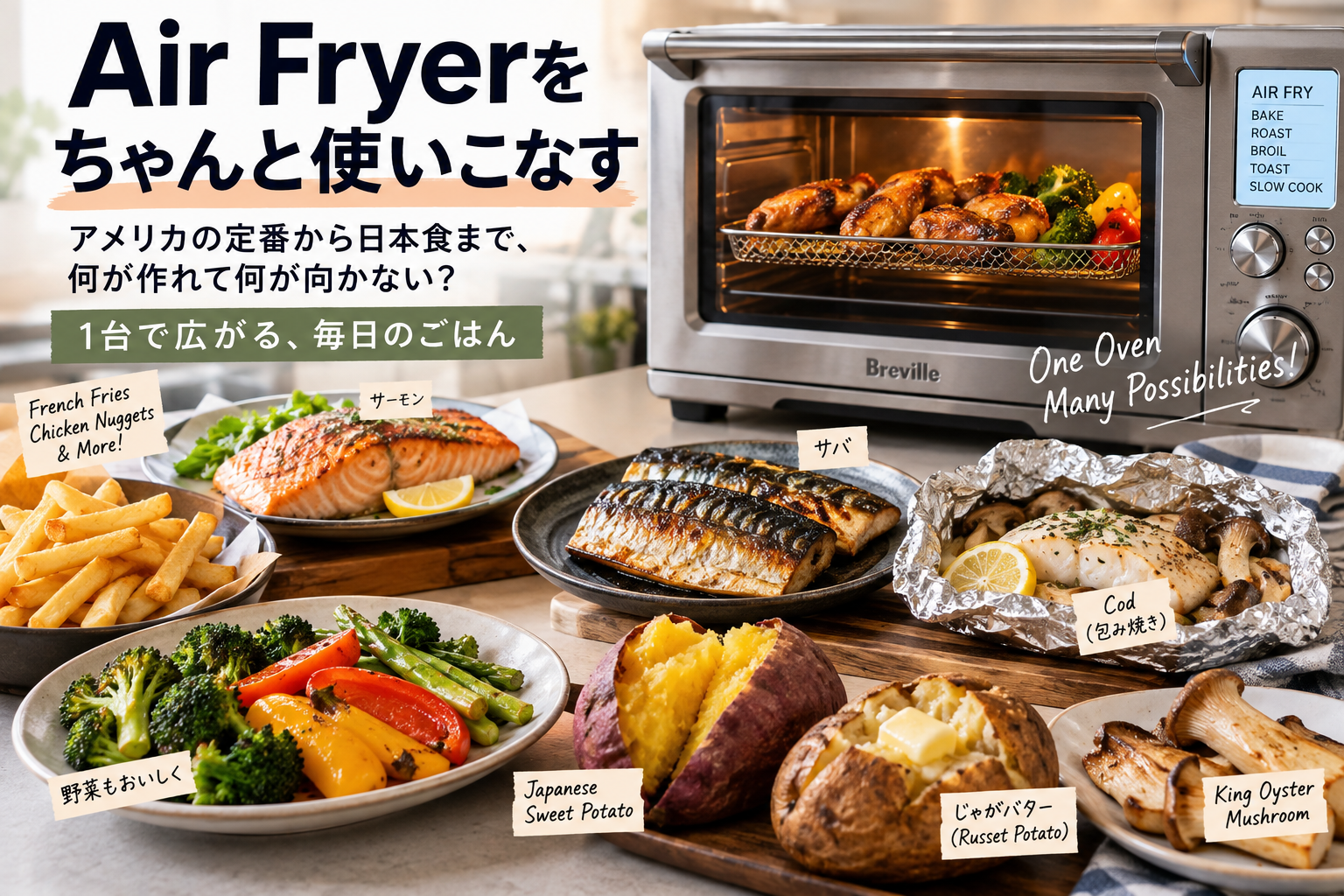 Air Fryerで作るフライドポテト、サーモン、サバ、野菜、Japanese Sweet Potatoなどのアメリカと日本の家庭料理