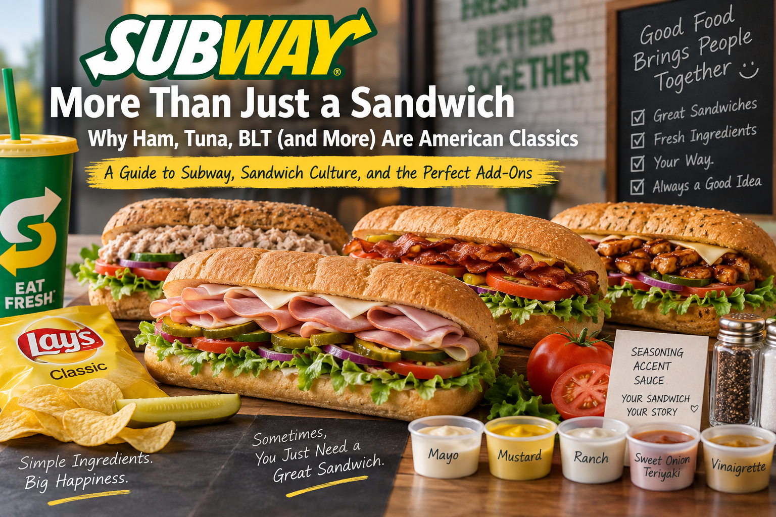 SubwayのHam、Tuna、BLT、Chicken Teriyakiなどの定番サンドイッチと、ピクルス、ポテトチップス、ソーダ、各種ソースを並べたイメージ