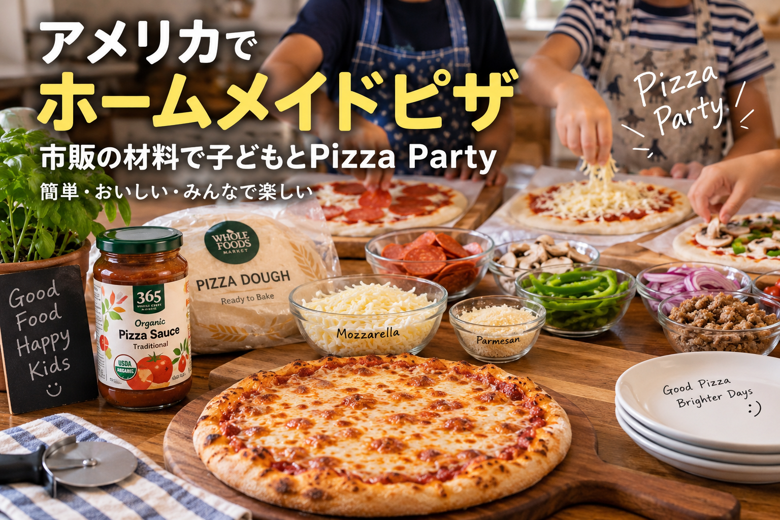 アメリカの家庭で市販のピザ生地とソース、チーズ、ペパロニや野菜を使って子どもと作るホームメイドピザ